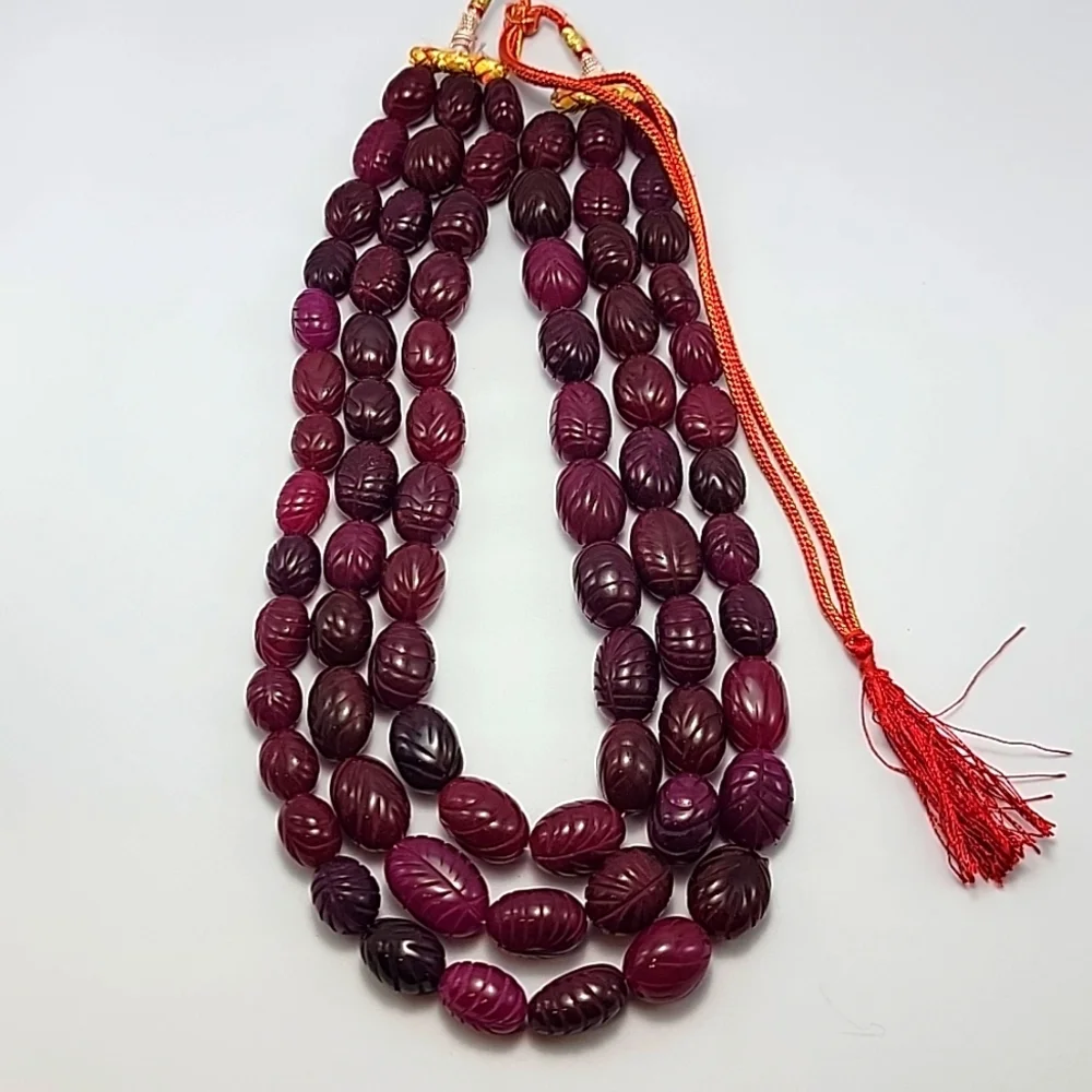 COLLOSAL 2065.00 CTS EARTH MINED 3 LINE RED RUBY CARVED BEADS BEADED UV NECKLACE